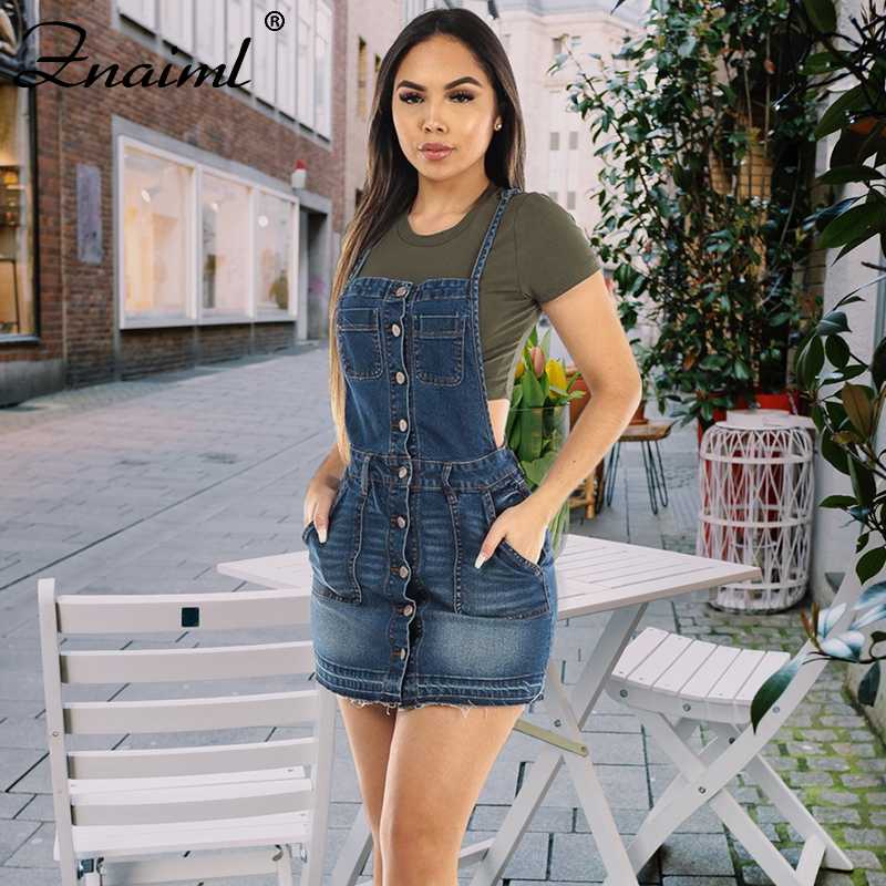 

Women Denim Dress Summer Casual Loose Sleeveless Blue Dress Button Pocket Suspenders Bib Shorts Slim Streetwear Overalls