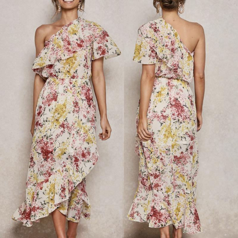 

Summer Beach Maxi Dress Print Boho Long Chiffon Dress Women Floral Irregular Neck Ruffles Wrap Casual Split Sexy Party, As pic