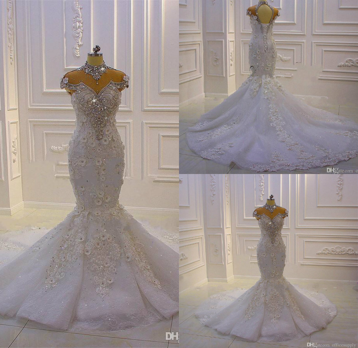 

2020 Luxury African Wedding Dresses High Neck Lace-up Beads Rhinestone Crystal 3D Floral Appliques Sweep Train Mermaid Wedding Gowns, Green