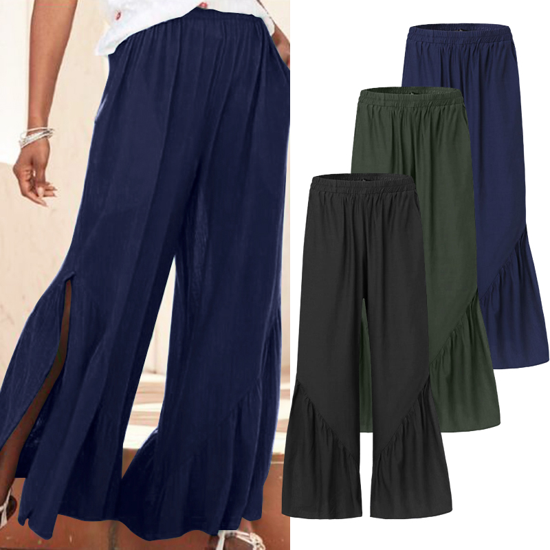 

Fashion Split Pants Women's Wide Leg Trousers ZANZEA 2020 Casual Elastic High Waist Long Pantalon Palazzo Plus Size Turnip 5XL, Army green