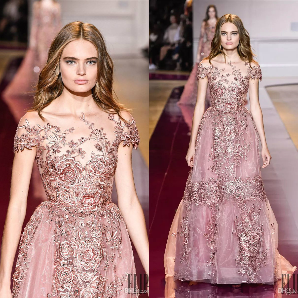 

2019 Zuhair Murad Lace Appliques Evening Dresses With Short Sleeves Sheer Jewel Neck Beaded Prom Gowns Floor Length A-Line Evening Dress, Hunter green