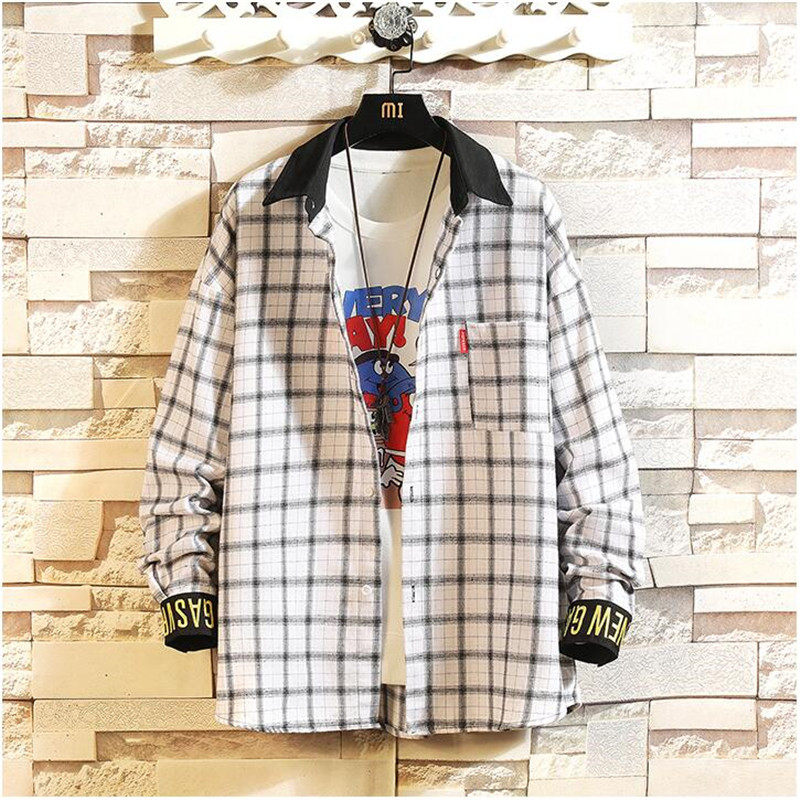 

Spring 2020 new men's casual color contrast plaid long-sleeved shirt youth popular loose print shirt men's 70% cotton, White
