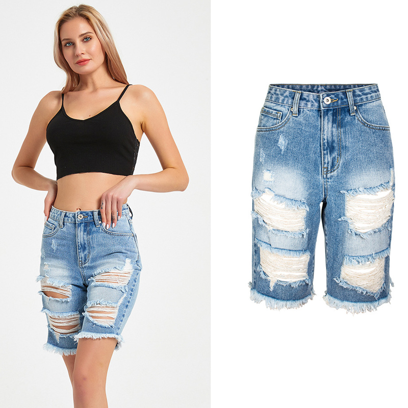 

2020 Summer Womens Denim Short Jeans Feminino Big Hole Ripped Leggings Female Shorts Jeans Loose High Waist Knee Length Pants, Blue