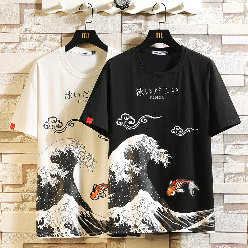 

Mens Fashion Anime Print Oversized T-Shirts Hip Hop Cotton Tees O Neck Summer Japanese Male Causal Fashion Loose Tops, White