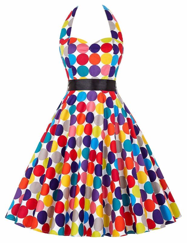 

50S Pinup Hepburn Vintage Women Summer Draping Slim Polka Dot Swing Dress Halter Neck Vestidos Femininos Backless Red Blue Black, 01
