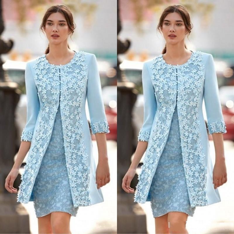 

Elegant 2020 Light Blue Mother of the Bride Lace Party Dresses with Jacket Jewel Neck Sheath Floral Lace Satin Short Wedding Guest Dress