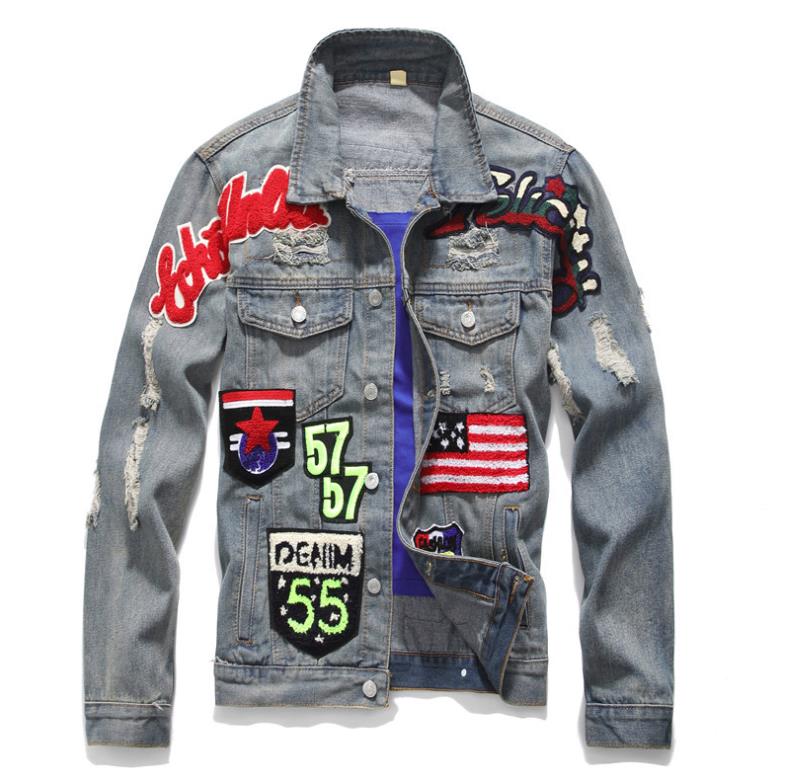 

Men's Slim Vintage American Flag Jeans Jacket Punk Motorcycle Denim Coat Turn Down Collar Badge Patch Design Outerwear, Blue