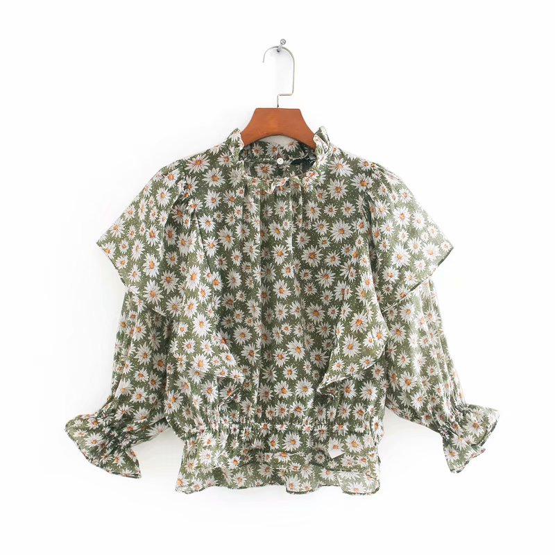 

New 2020 women flower print casual smock blouse female stand collar three quarter sleeve ruffles shirts chic blusas tops LS6667, Cc ls6667g