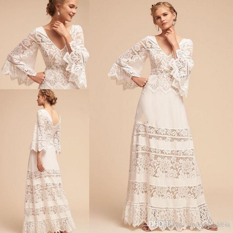 

Elegant White A-Line Lace Wedding Dresses 2020 Bell Sleeve Plus Size V-neck BHLDN Full length Lace Chiffon Bohemian Wedding Bridal Gown