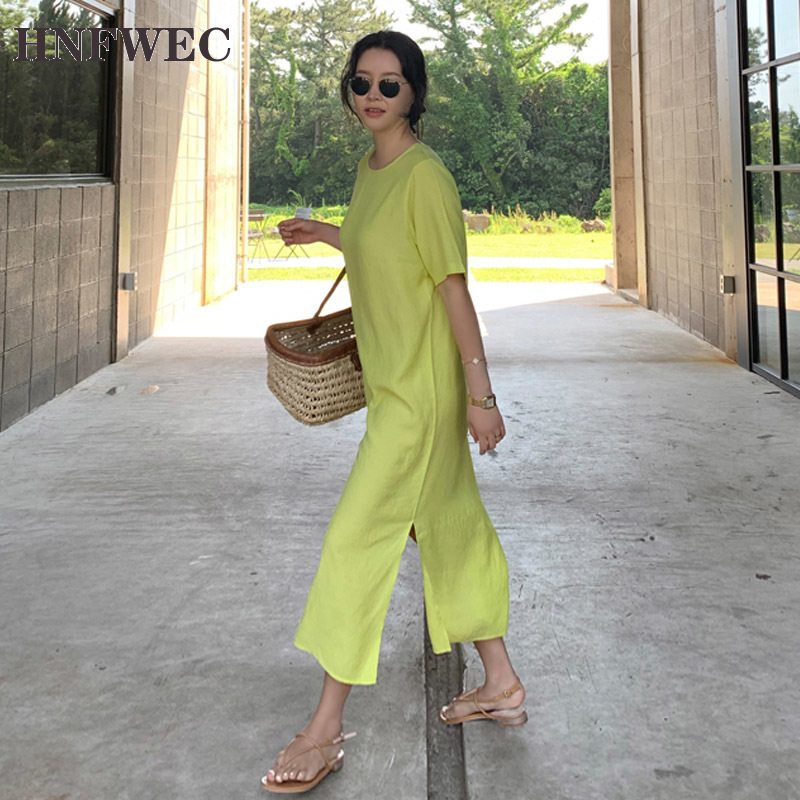 

2020 Summer New Cotton Long Dress Women Short-Sleeved Solid Color Ladies Dress Korean-Style Fashion Women Clothing T721, Yellow
