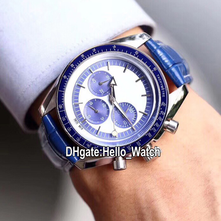 

New Moonwatch Master 311.33.40.30.02.001 Quartz Chronograph Mens Watch White Dial Blue Subdial Steel Case Blue Leather Watches Hello_Watch, Waterproof service
