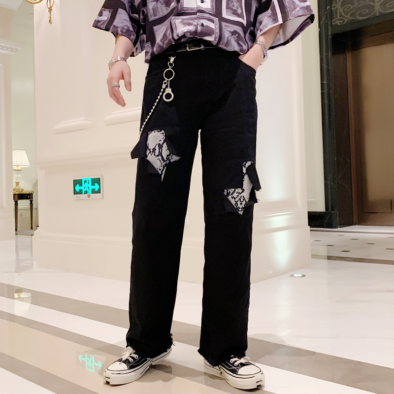 

Men Metal Chain Spliced Hole Ripped Jeans Male Streetwear Hip Hop Punk Gothic Straight Denim Pants Loose Casual Harem Trousers, Black