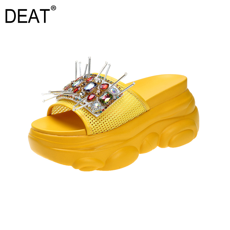 

[DEAT] 2020 New Spring Summer Round Toe Color Crystal Rhinestones Mesh Breathable Platform Slippers Women Shoes Fashion 10H367, Black
