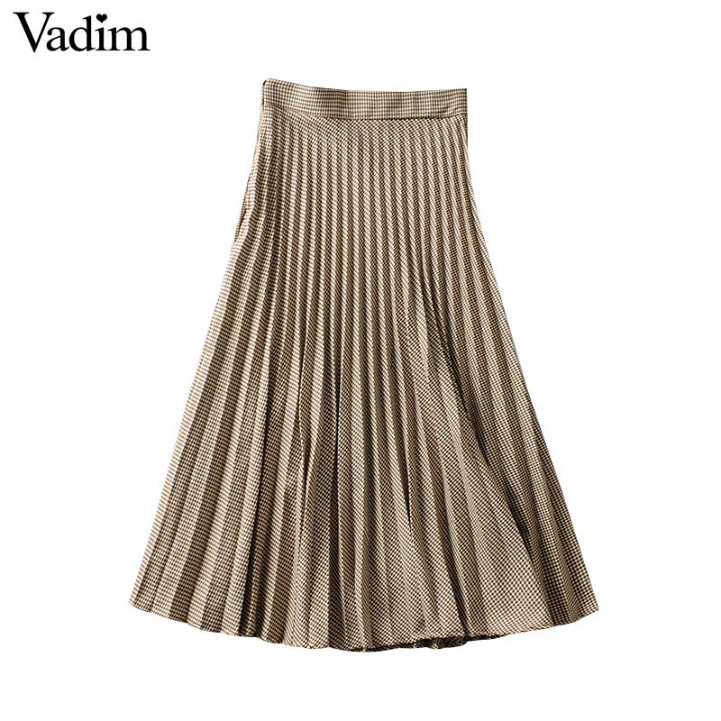 

Vadim women elegant plaid midi pleated skirt side zipper high waist female retro mid calf skirts mujer BA794, As picture