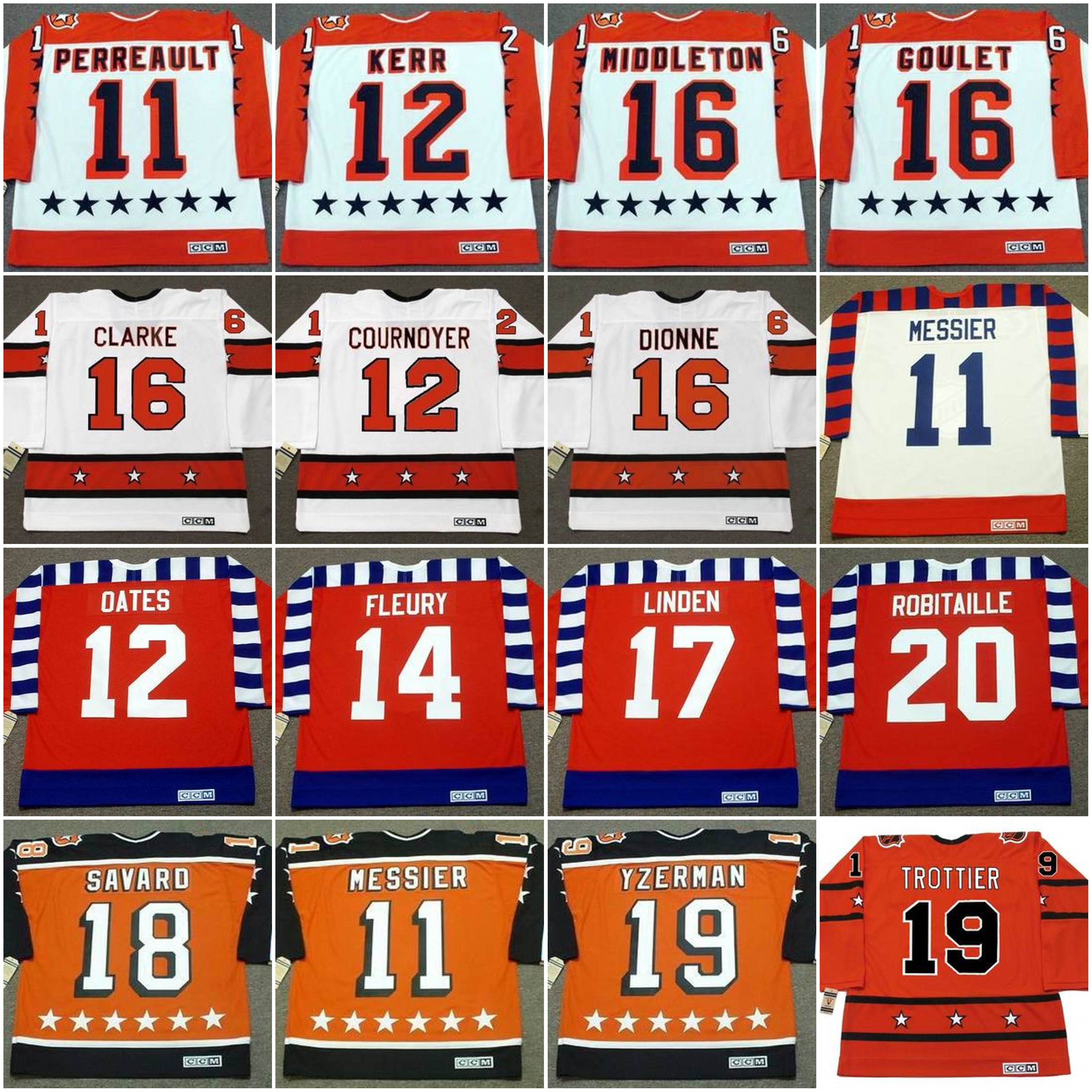 

11 GILBERT PERREAULT 1984 MARK MESSIER ADAM OATES TIM KERR YVAN COURNOYER THEOREN FLEURY BOBBY CLARKE All Star Vintage Hockey Jersey, 16 brett hull 1992