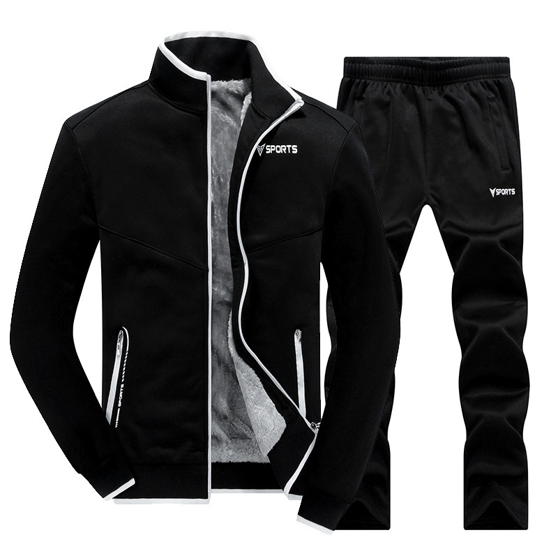 

New Winter Men's Sets Plus Velvet Men Sportswear Set 2 PCS Jacket + Pants Slim Tracksuit Zip Pocket Male's Warm Clothing, Black