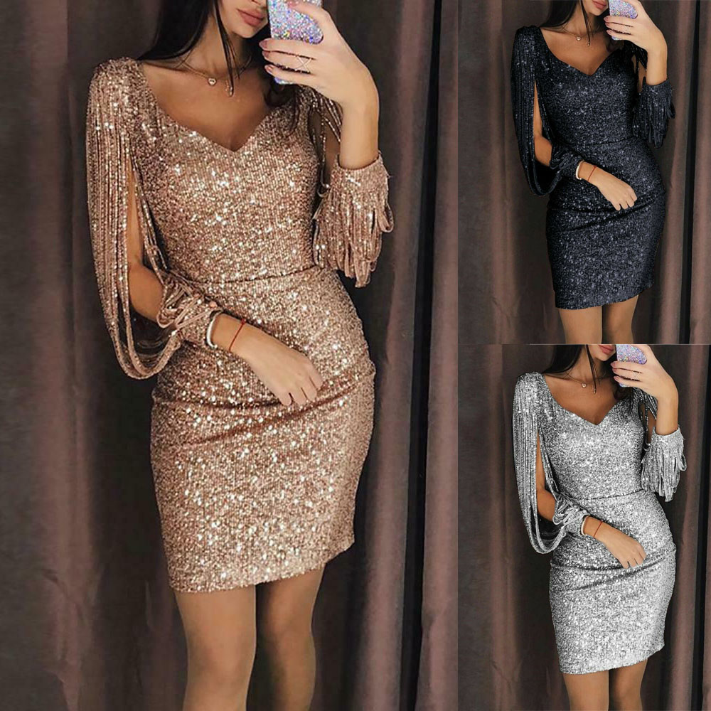 

Hot Sale Women Summer Dress Sequins Long Sleeve Bodycon Party Cocktail Short Mini Dresses Bandage Tassel Club Pencil Dress, Customize