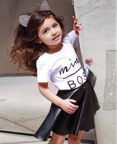 

New girls suit European and American wind children's clothing mini boss trend girls summer short sleeve + short skirt two-piece, Black white