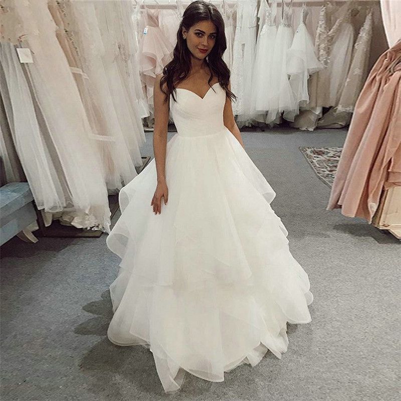 

Ball Gown Wedding Dresses 2020 Spaghetti Straps Ruffles Floor Length Open Back Bride Dress Bridal Gown Vestidos De Noiva Cheap, White