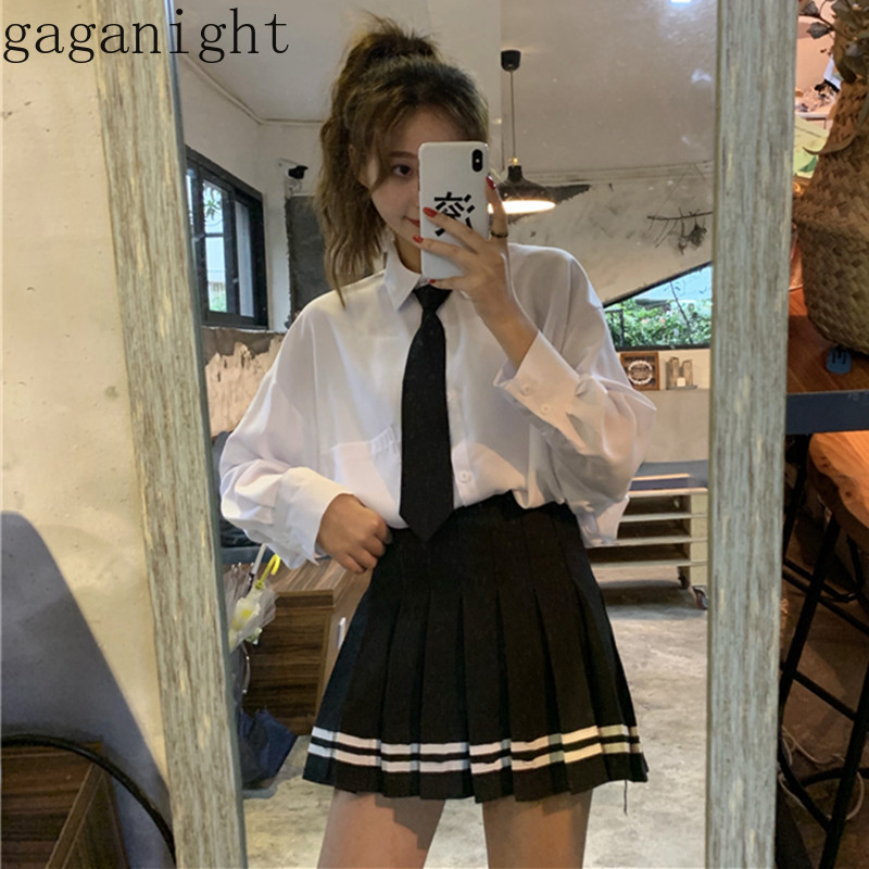 

Gaganight Japan Harajuku Style 2 Pcs Women Set Turn Down Collar Long Sleeve Shirt + High Waist Hip Pleat Design Skirt Suit, Black