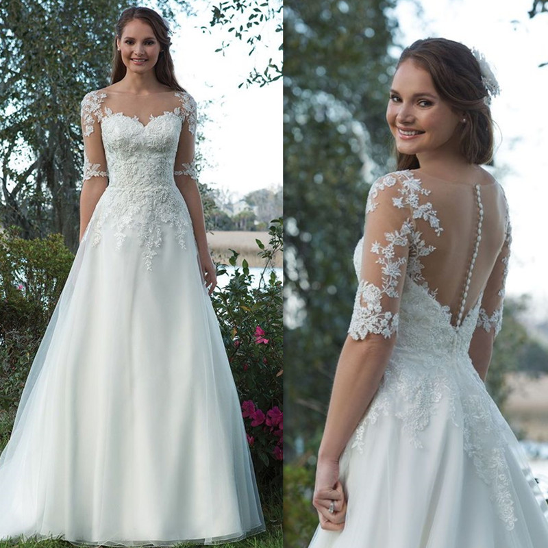 

Scoop Tulle Neckline Half Sleeves Lace Applique A-line Wedding Dress illusion Back Sweep Train Button Bridal Dress vestidos de novia