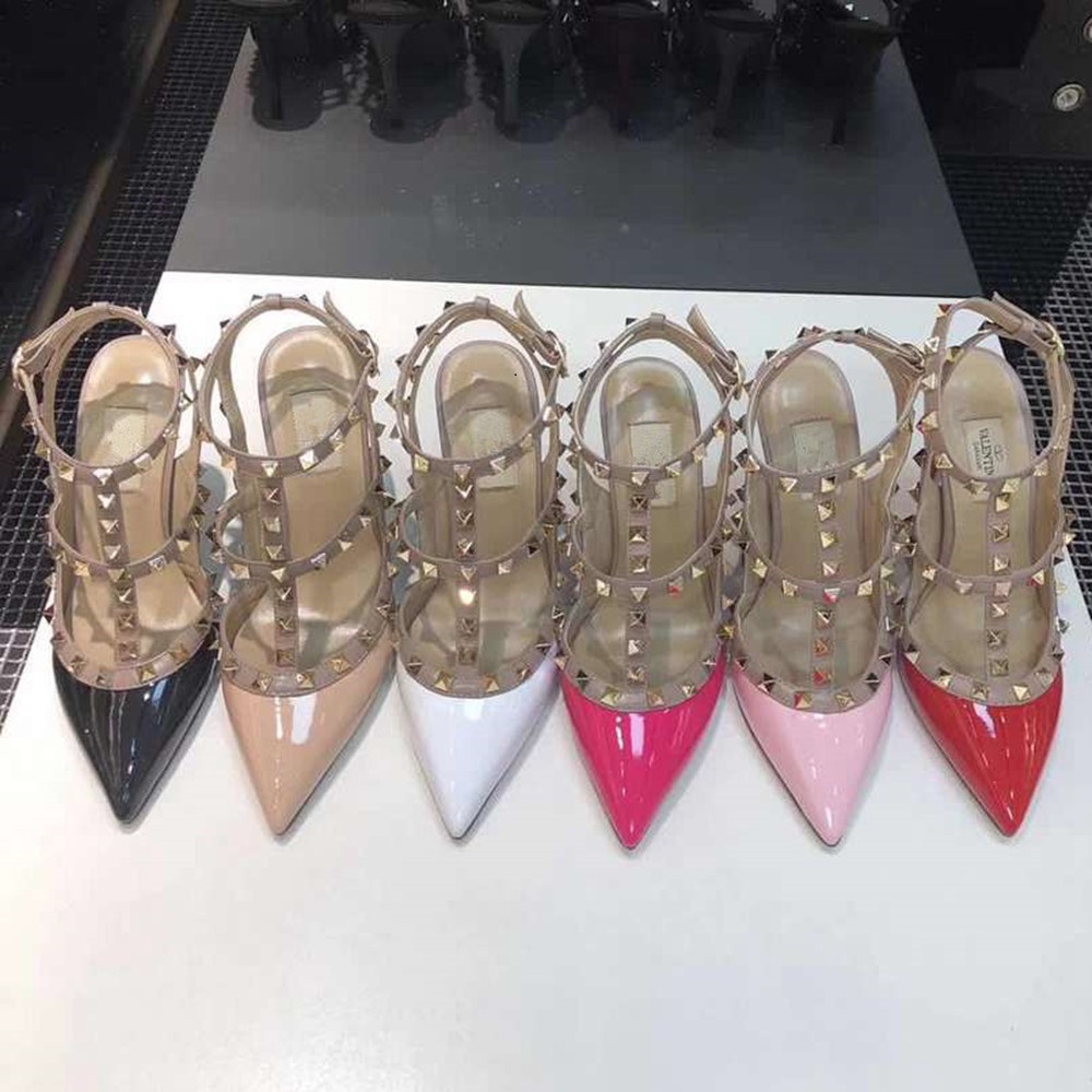 Women fashion Designer bottom high heel Leather rivets Sandals Pointed Toe 2-Strap with Studs high heel shoe Patent 2020 Hot New Sexy shoe