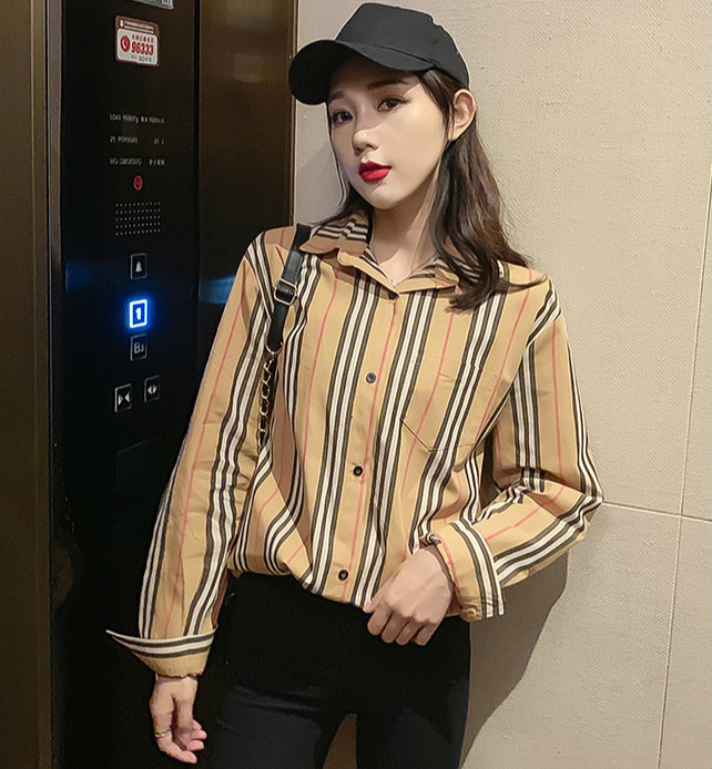 

Top New Designs Striped Shirt Casual Tops Women Fashion Long Sleeve Lapel Neck Printed Ladies Blouses Plus Size Office Classic Button Shirts, Customize