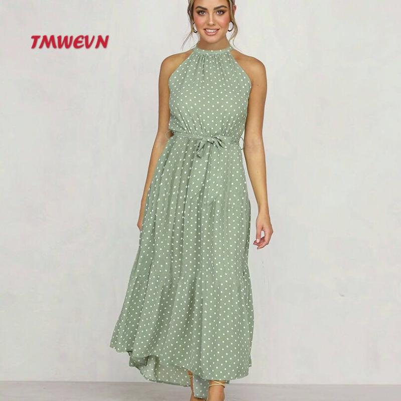 

Tmwevn Fashion Sexy Polka Dot Dress Neck Sleeveless Summer Dress Long A-line Ladies Formal party, Black