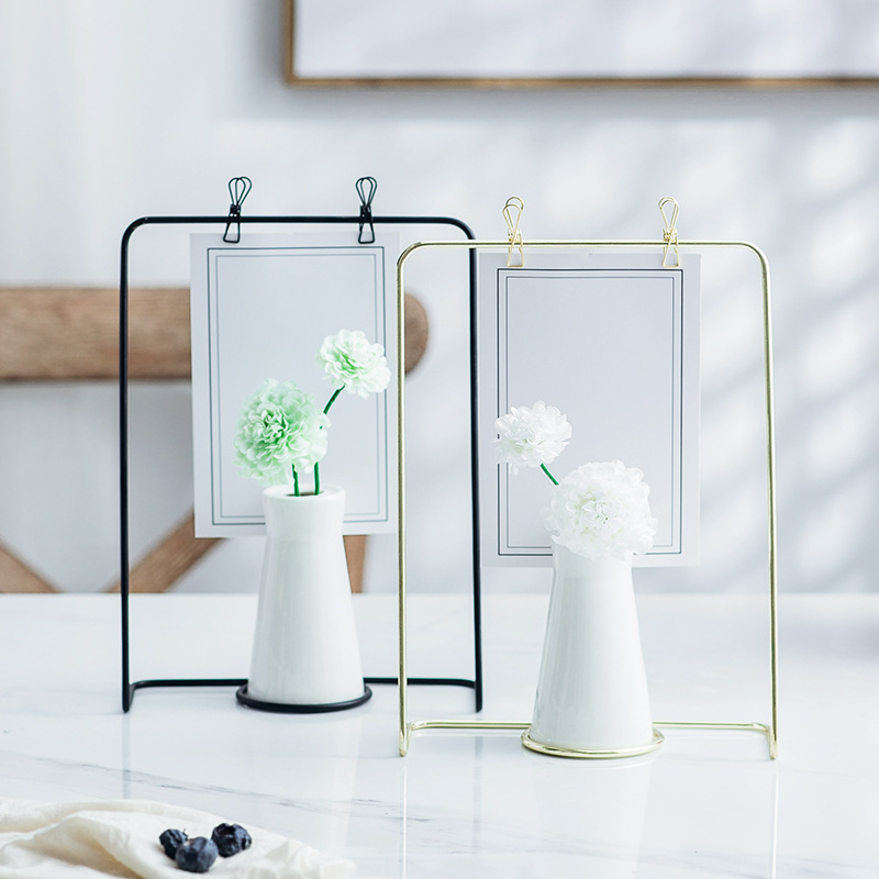 

Set of 2 Ceramic Flower Vase with Metal Shelf White Porcelain Vase Paper Clip Photo Frame Message Note Home Decor Ornament
