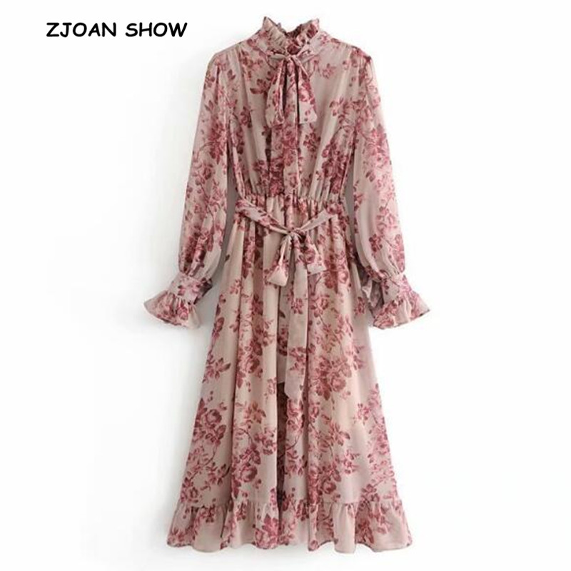 

2019 Spring New Pink Flower print Long Sleeve Dress With Sashes Women Vintage Tide Bow Collar Ruffles Hem Dresses Femme Vestido