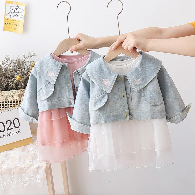 

Girls Princess Clothes Set 2pcs Kids 2020 Autumn Children Baby Infants Long Sleeve Mesh Dress+Jeans Coat Outwear Jackets S11013, Pink