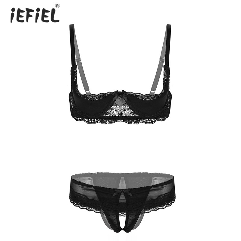 

Sexy Sissy Lingerie See Through Lace Sheer Bra and Panties Women Underwear 1/4 Cup Unlined Shelf Bra with Crotchless Briefs Set LY191222, Black