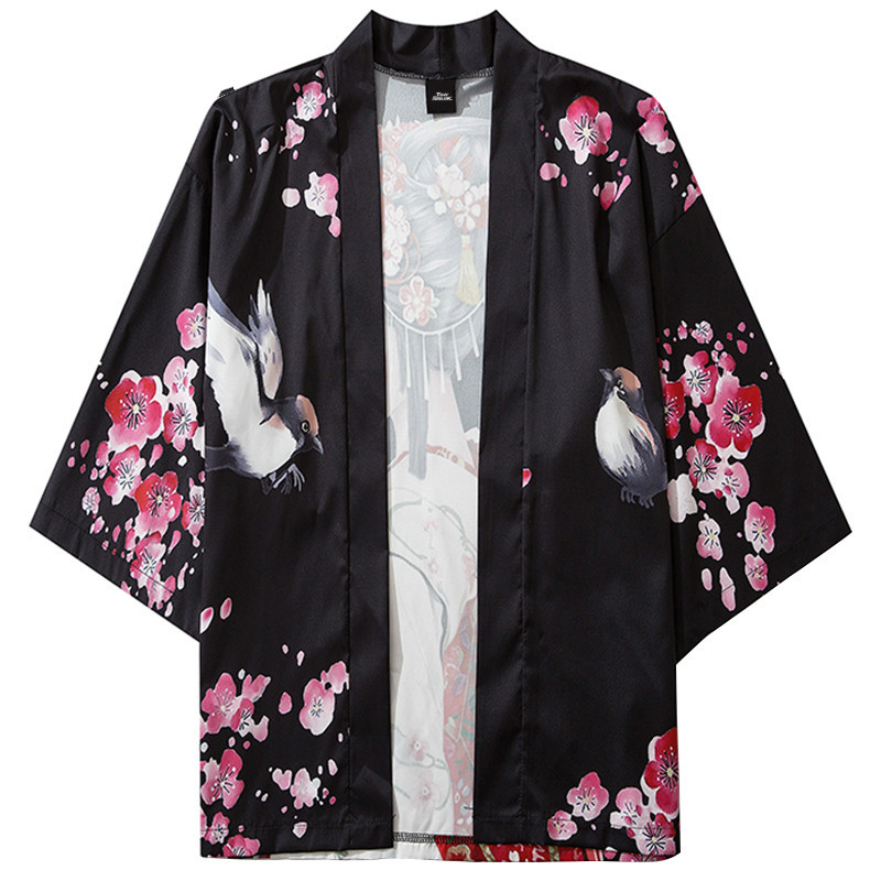 

Januarysnow Brand Designer Harajuku Streetwear Kimono Jacket Geisha Cartoon Hip Hop Men Japan Style Jacket Summer Thin Clothing Loose Kimono, Black