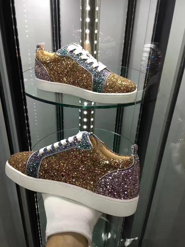 

Fashion Glitter Leather Sneakers Shoes Low Top Red Bottom Sneaker Men Women Party High Qulity Outdoor Trainer Casual Walking Shoes 35-46, Black