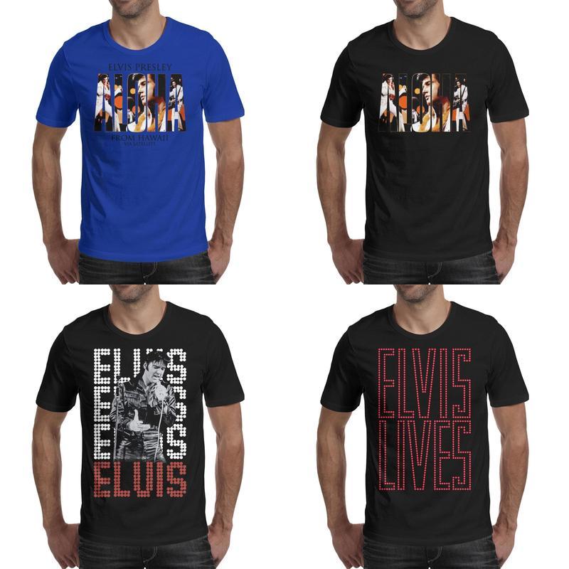 Mode Hommes Impression Elvis Presley Aloha de Hawaii Via Satellite1 T-shirt Black Design Chemises décontractées Partie néon rock et rouleau