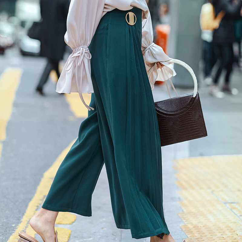 

To Gladself Female 2018 Designer Fashion Trousers Casual Vintage Pleated Patchwork Green Irregular Wide Leg Pants for Women
