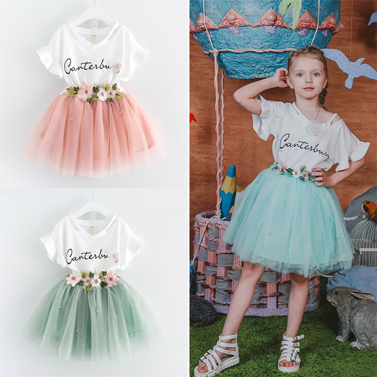 

2 colors Girls Clothing Sets kids Letter printed Short Sleeve T-Shirt+Tutu Dress 2Pcs kids clothes set kids designer clothes girls DHL JY302, #02green