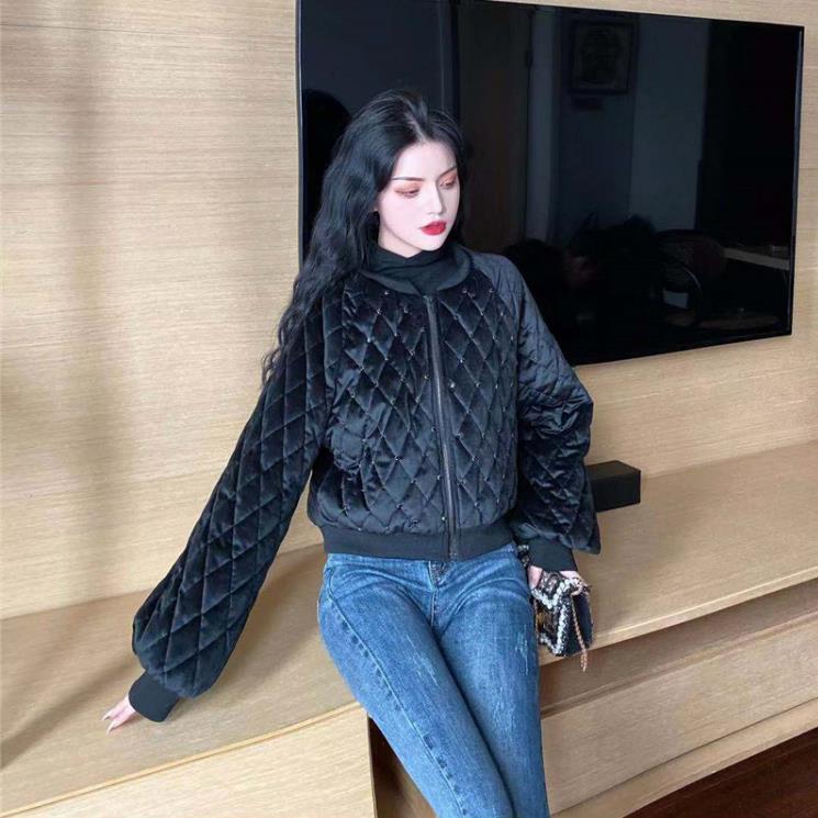 

Winter new 2019 thick cotton clothing fashion wild loose rhombic beaded diamond jacket cotton clothes women, Black