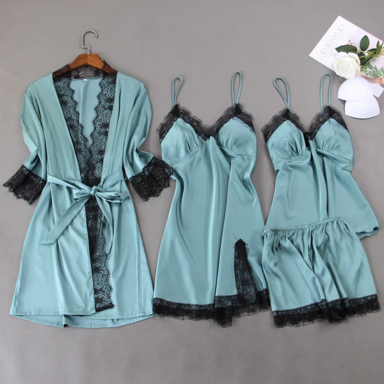 

Women Pajamas Sets Ladies Satin Sleepwear Silk 4 Pieces Nightwear Pyjama Spaghetti Strap Lace Lounge Sets Pijama With Chest Pad, B-5 4pcs
