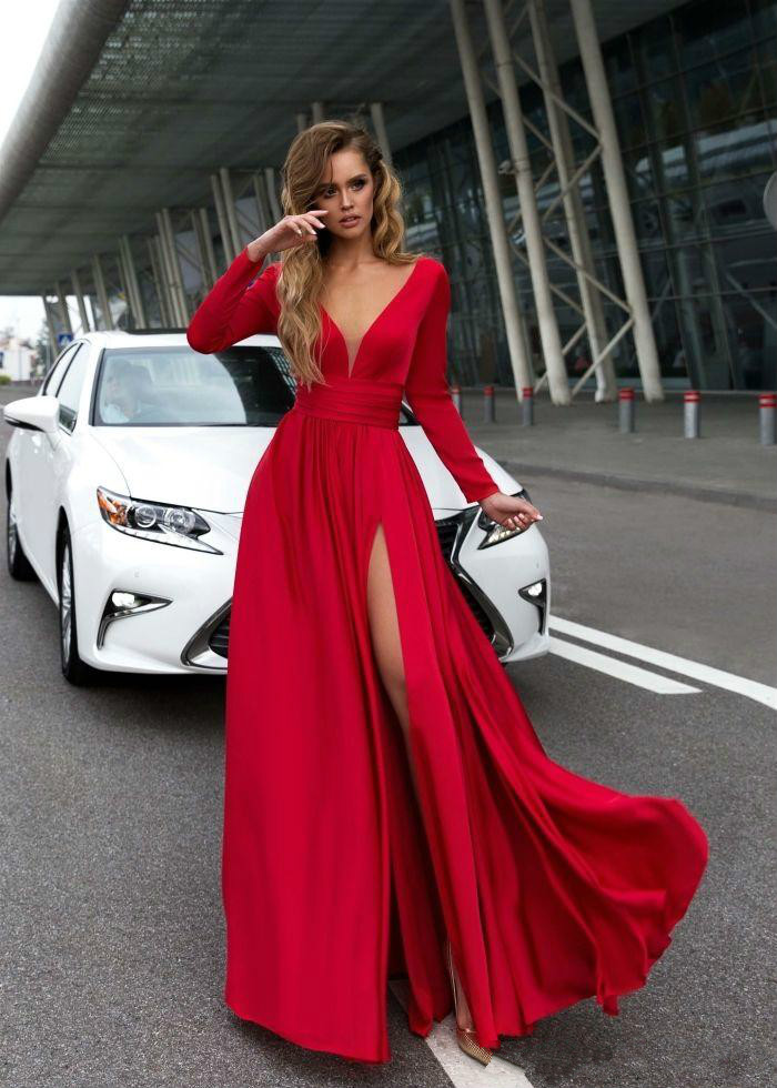 red flowy dress with sleeves