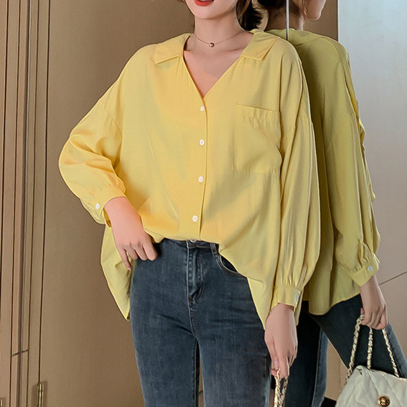 

New 2020 Big Sizes Spring Blouses Pockets V Neck Oversized Blouse Women Long Sleeve Shirt Korean Shirts Plus Size Tops Blusas, Thin-purple