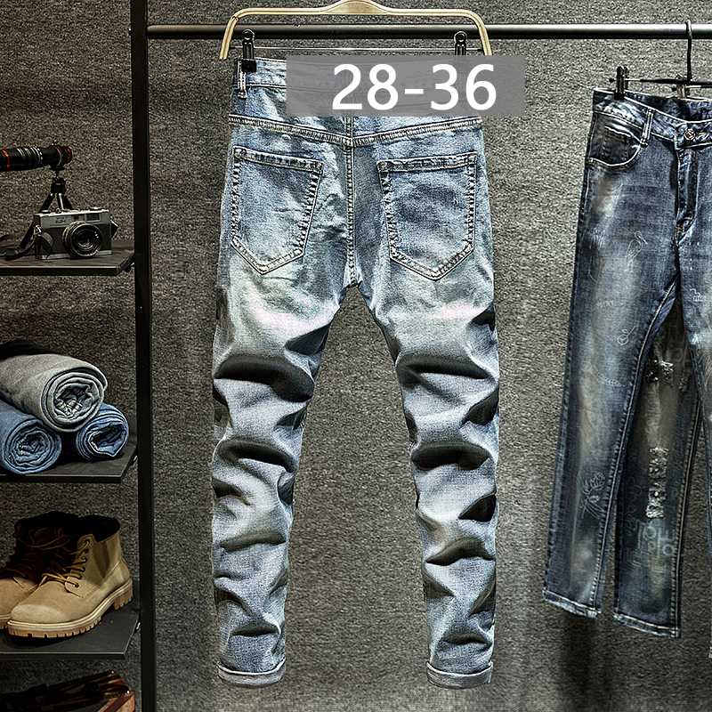 

Cotton Jeans Men Spring 2020 Men Clothes Destroyed Slim Fit Denim Pants Casual Ripped Jeans Washed men's denim trousers blue