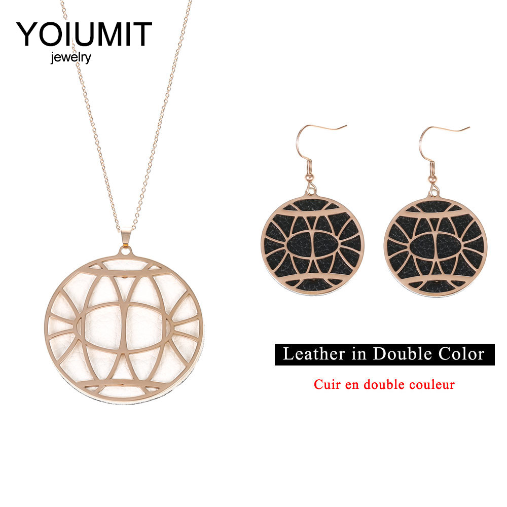 

Yioumit Rose Gold Round Fashion Pendant Charm Necklace And Earrings set Interchangeable Leather Drop Round Earrings Jewelry Sets, As pic
