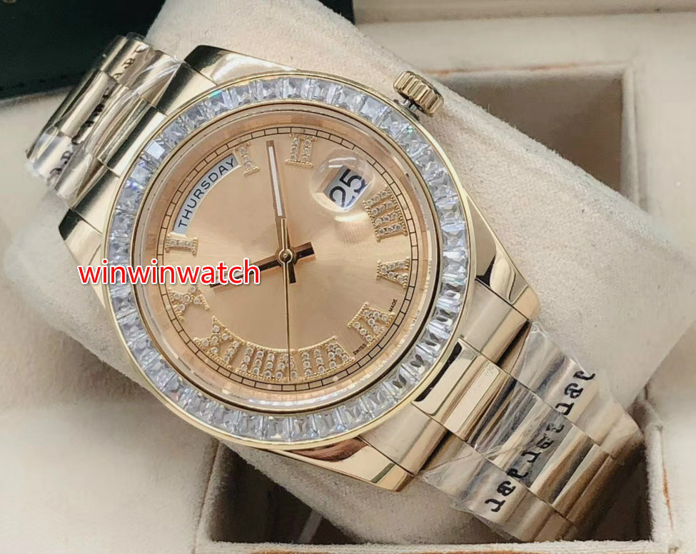

Baguettes Diamond Luxury Watch gold stainless steel Watch Automatic 41MM Men Roman number dial Set Diamond CZ Wrist Watches, Gold face