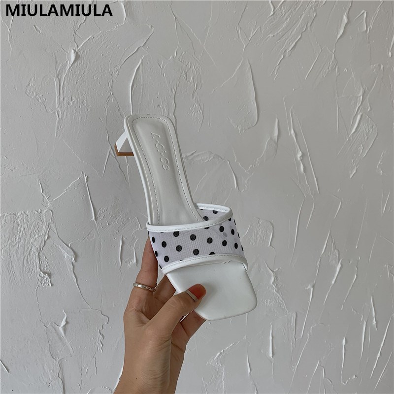 

MIULAMIULA 2020 Summer New Sexy Air Mesh Polka Dot High Heels Sandals Lady Pumps Mules Flip Flops Outside, Black