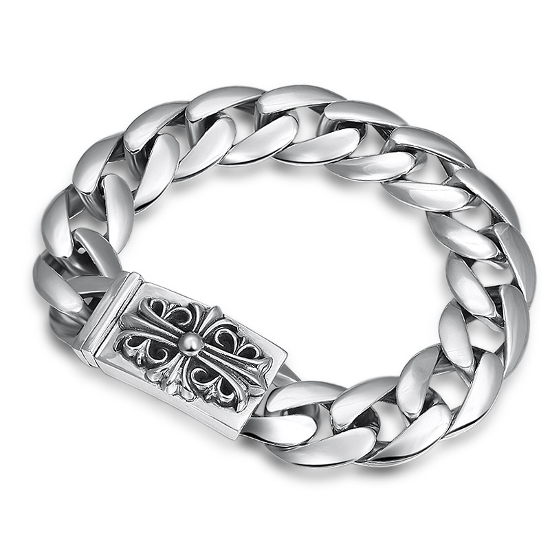 

Gothic new 925 sterling silver handmade jewelry American antique silver vintage cross charm smooth link chain designer men's bracelets, Black