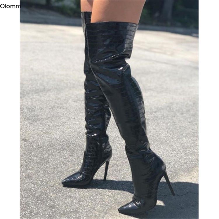 

Olomm 2020 Women Over the Knee Boots Stone Pattern Stiletto Heel Pointed Toe Sexy Black Night Club Shoes Women Plus US Size 5-15, D2169 black