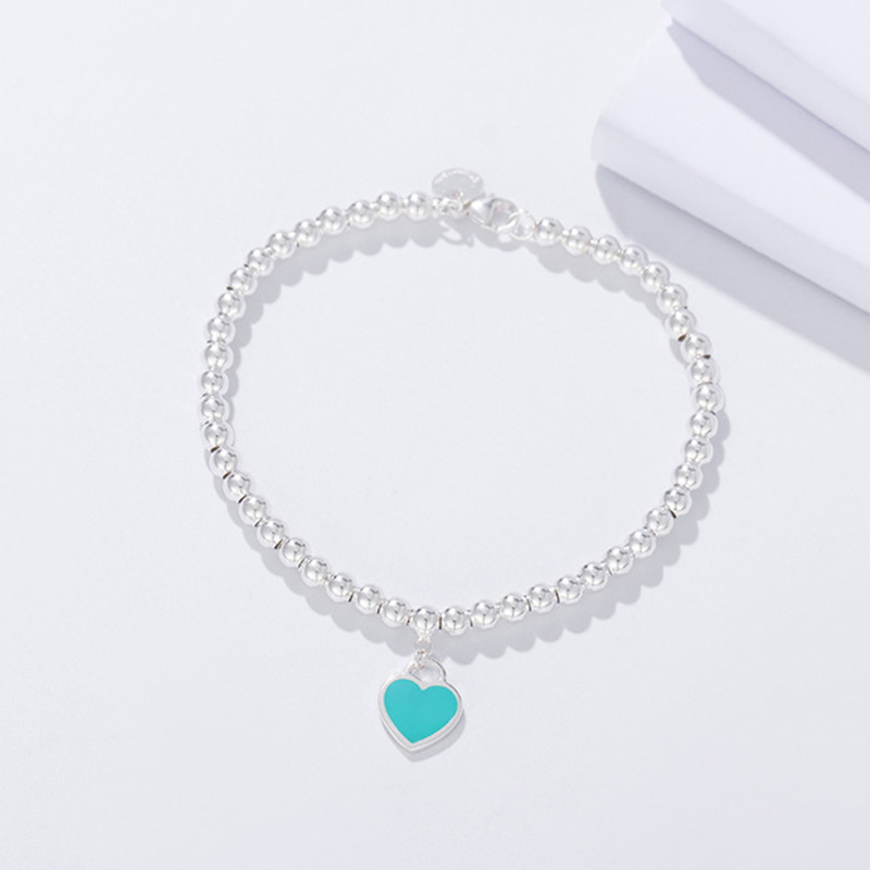 

100% 925 Sterling Silver Blue Heart-Shape Pendant Beads Chain Bracelet Fashion DIY Jewelry Accessories For Women Gift
