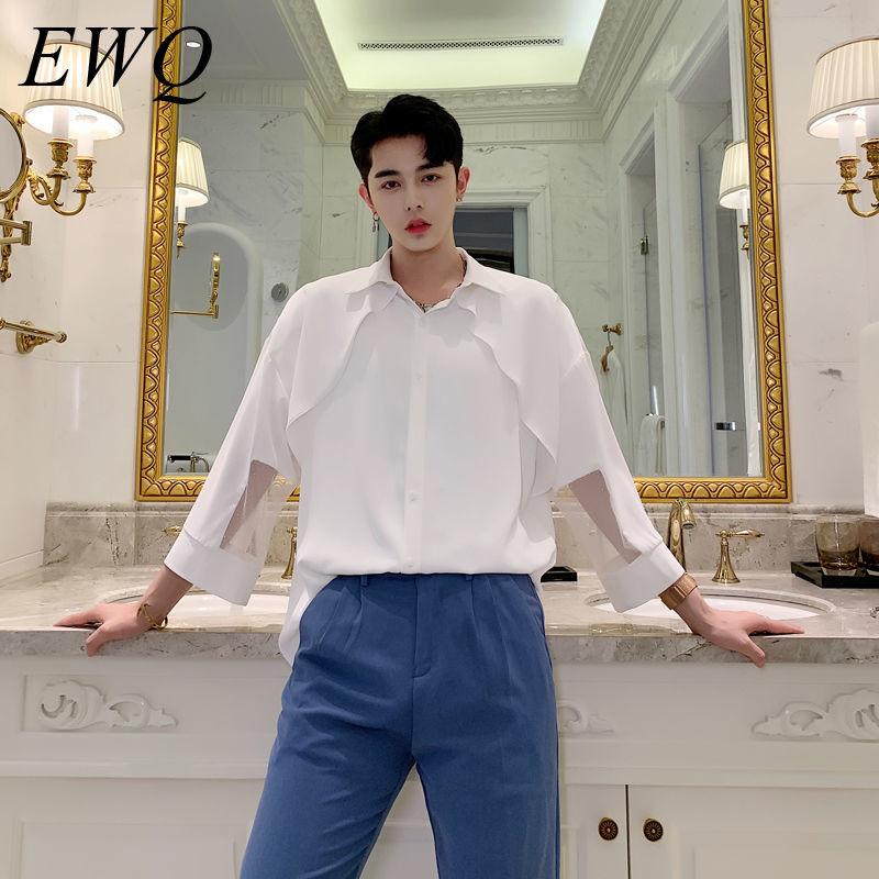 

EWQ / men's wear 2020 summer new patchwork ruffles mesh three quarter sleeve white shirt loose fashion tops for male 9Y1815