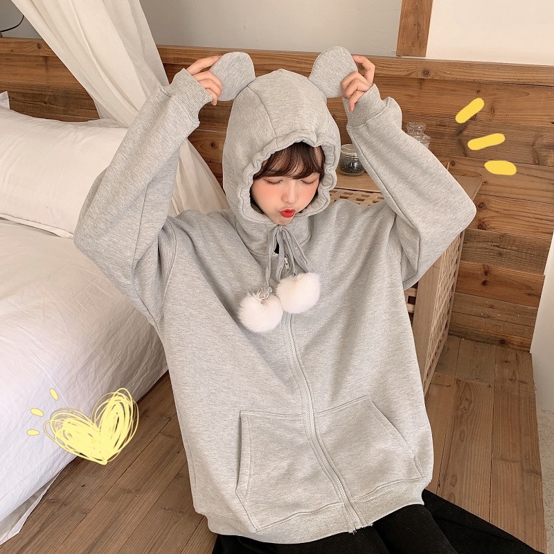 

womens hoodies pullover Animal harajuku plus size women kawaii coats Cotton Casual sweet cute bear ears Zip-up Hooded, Gray